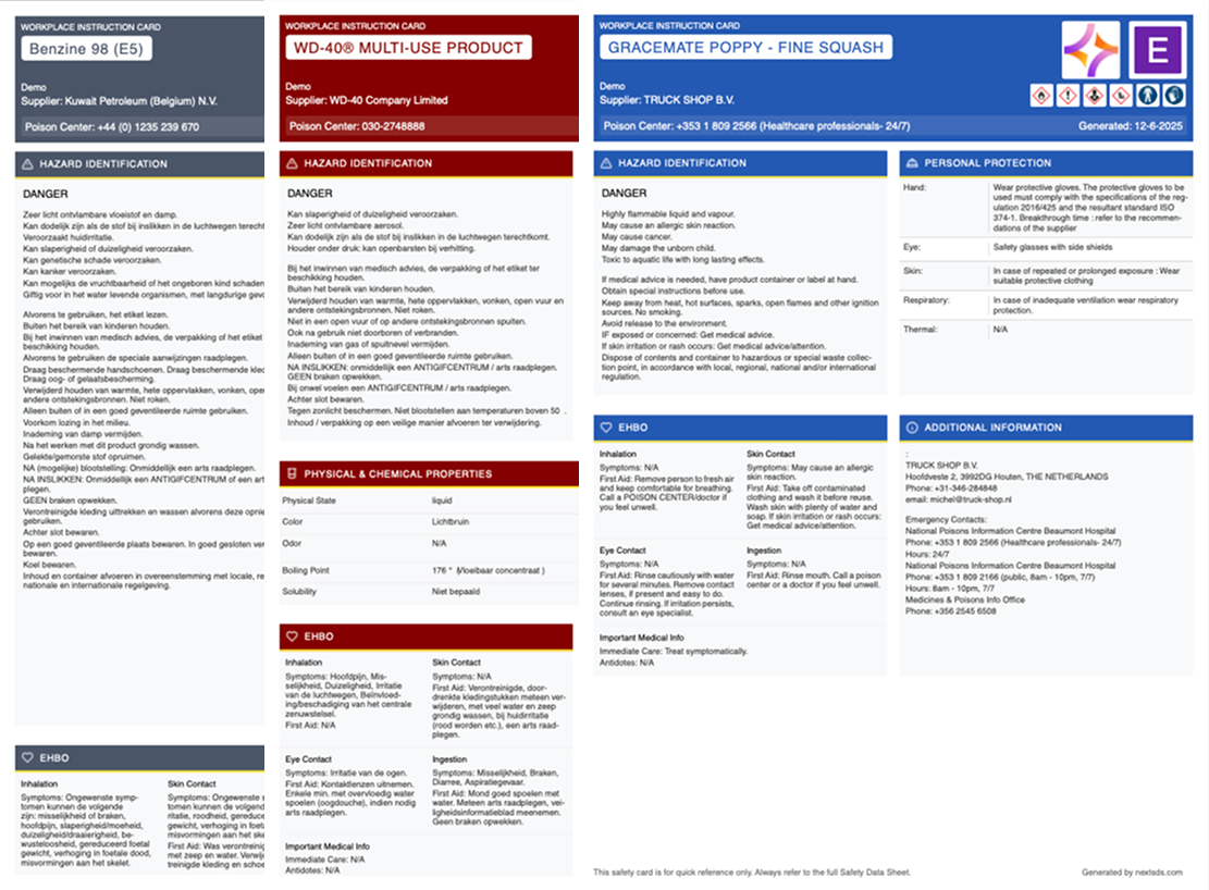 Mobile chemical safety interface showing QR code access, PPE requirements, and emergency response protocols