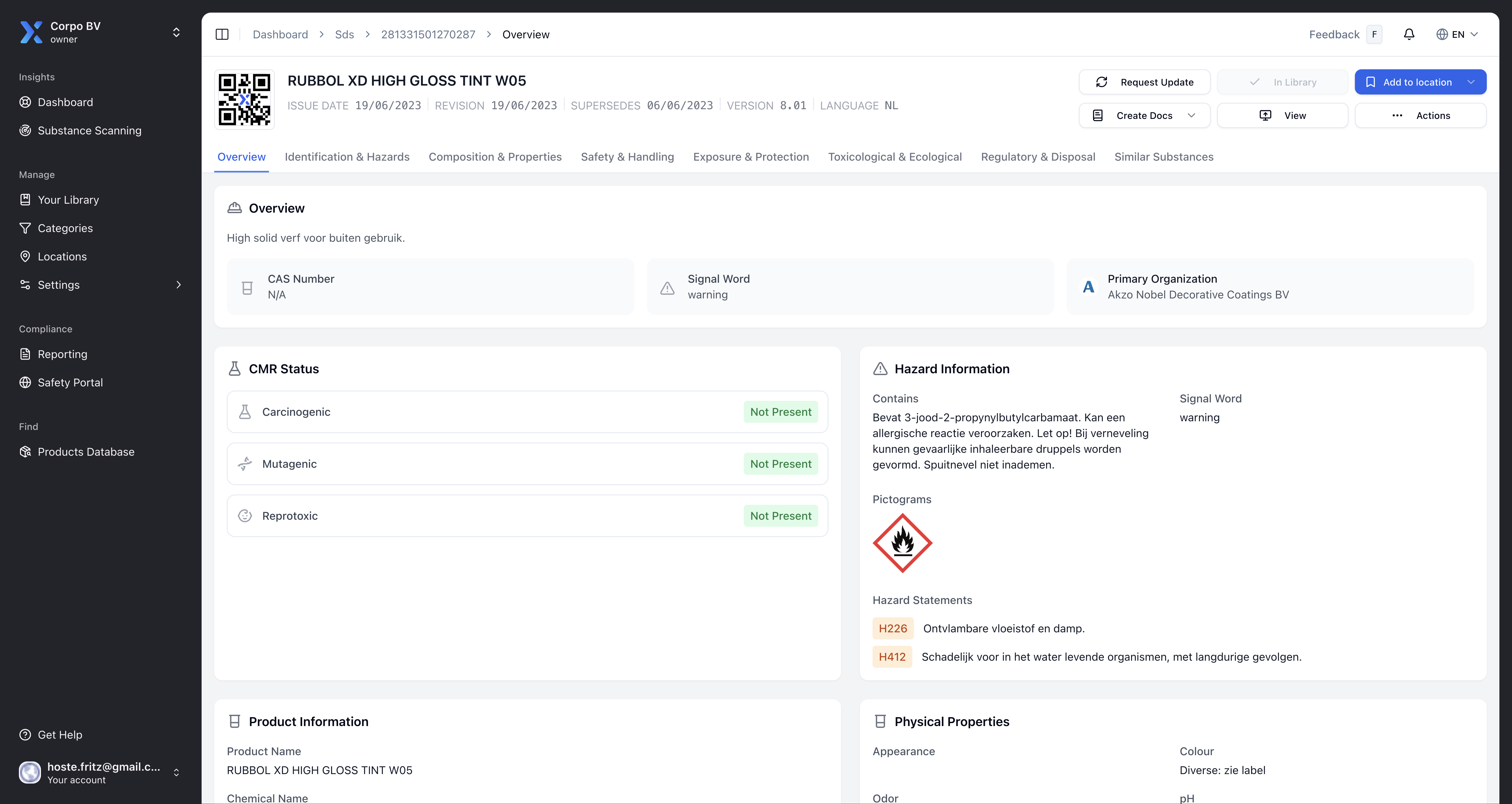Safety data sheet extracted by AI into hazard statements, GHS pictograms and CMR status