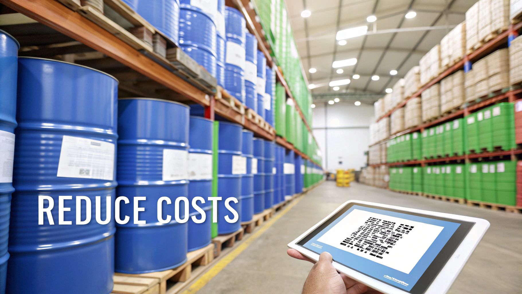 Hand holding a tablet with a QR code in a warehouse, showing rows of blue barrels and inventory, with 'REDUCE COSTS'.