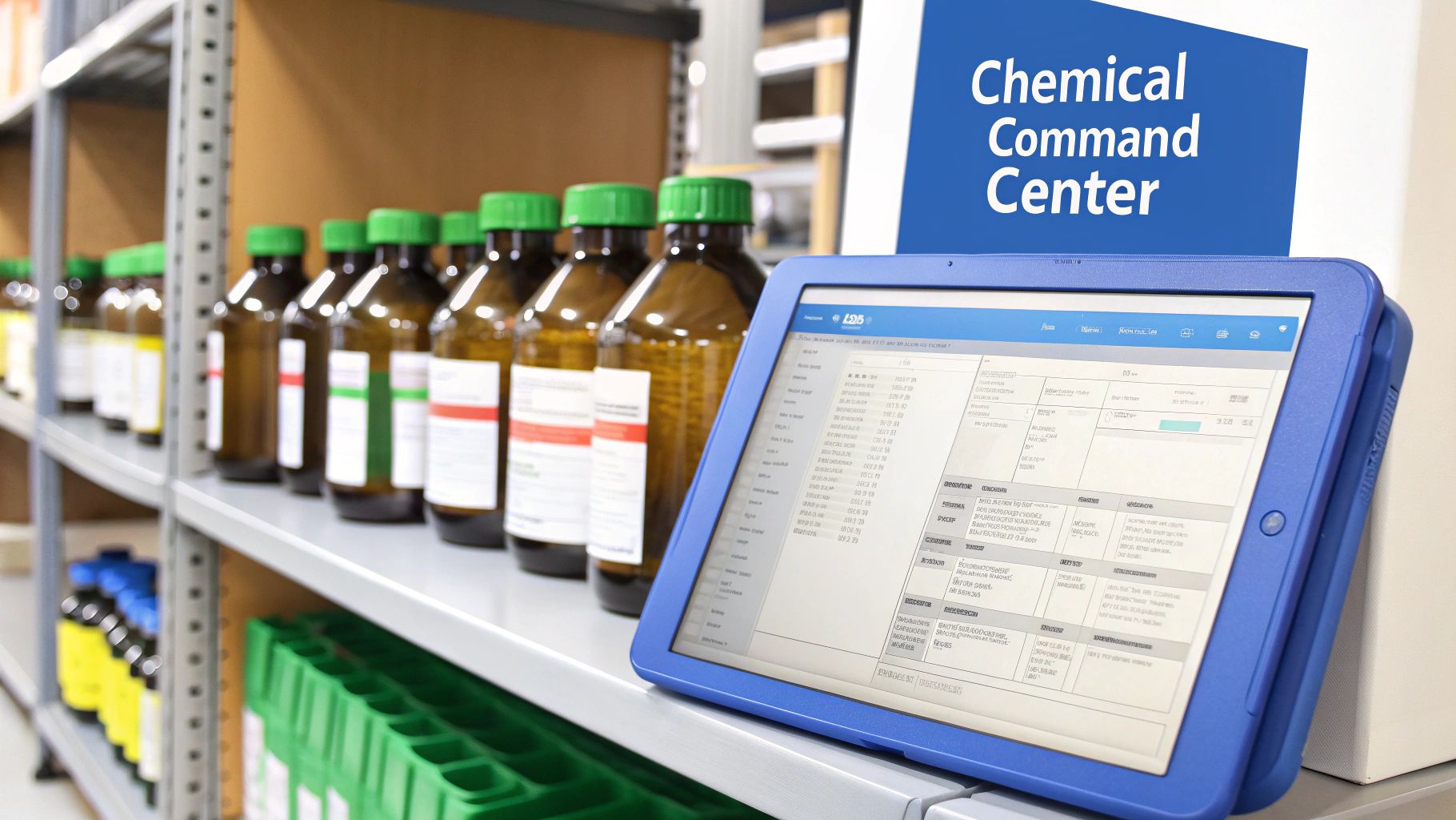 Tablet displaying a chemical inventory management system in a lab with bottles.
