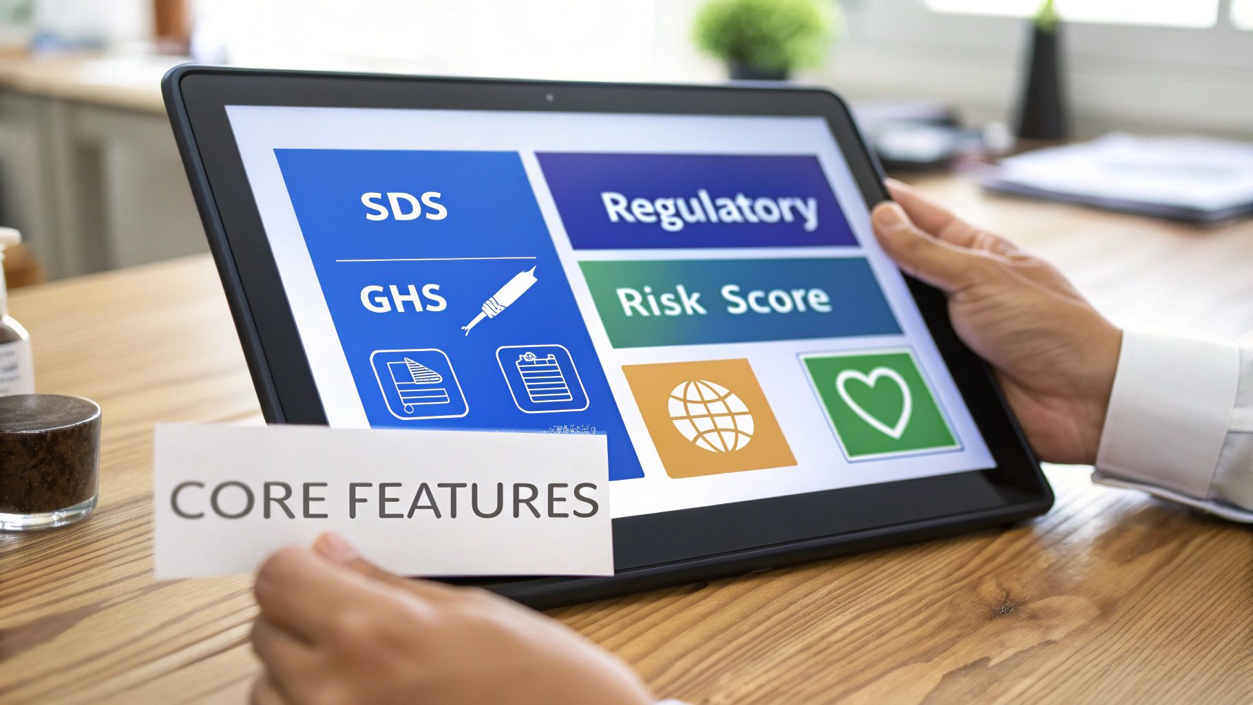A person holds a tablet displaying core features like SDS, GHS, Regulatory, and Risk Score, with a 'CORE FEATURES' card.