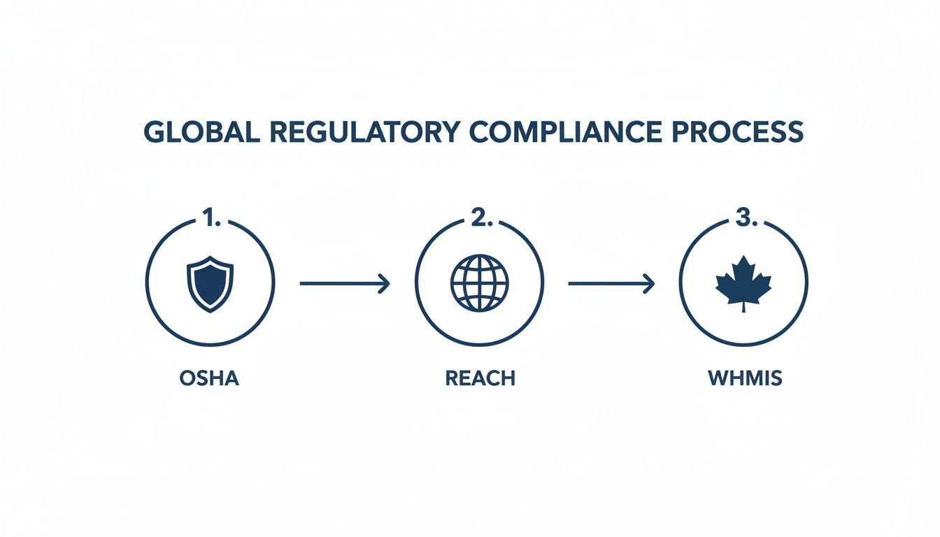 A diagram illustrating the global regulatory compliance process, featuring steps for OSHA, REACH, and WHMIS.