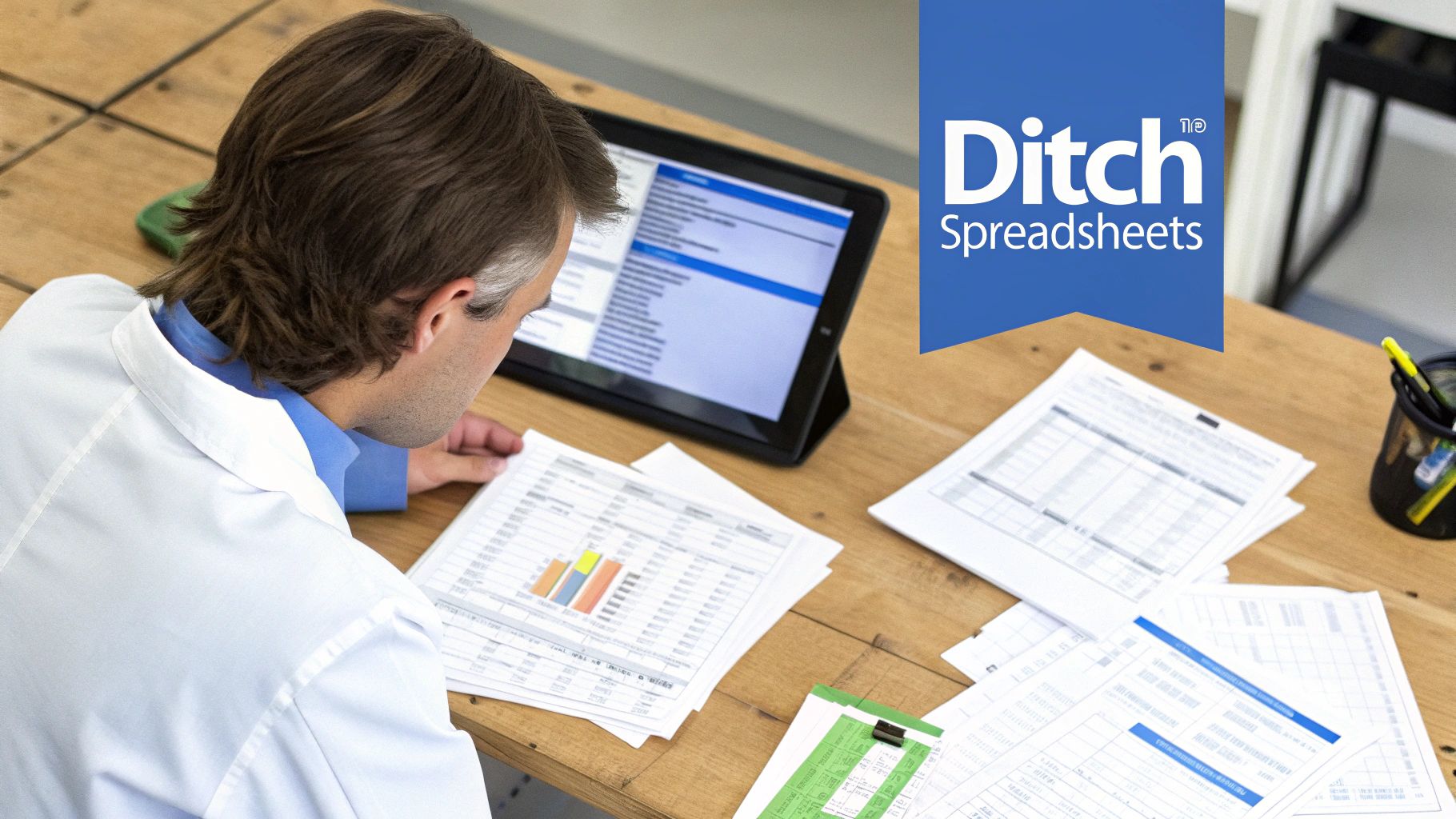A person wearing a lab coat examines various spreadsheets and a tablet, promoting 'Ditch Spreadsheets'.