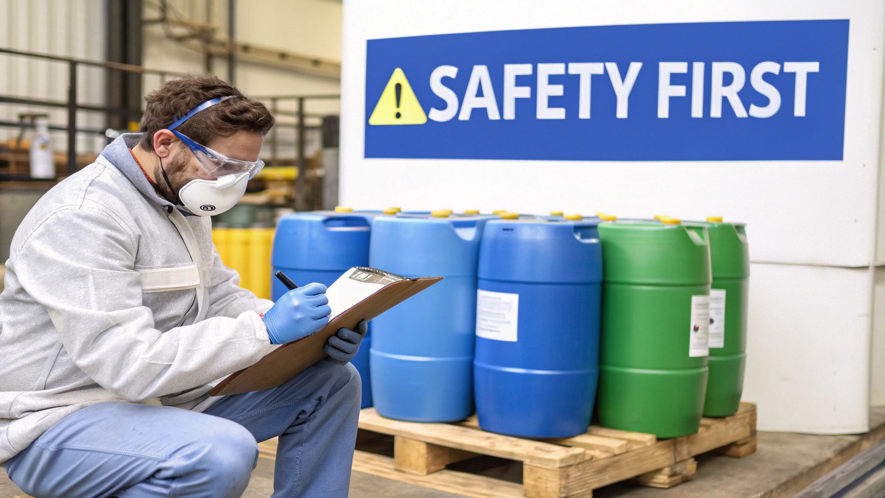 Worker in PPE inspecting chemical barrels in a warehouse with a 'Safety First' sign.