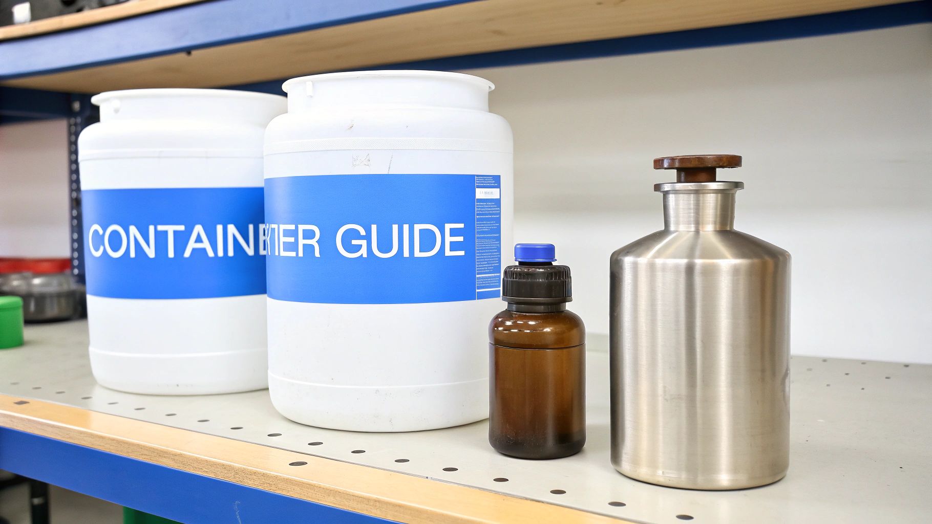 Various chemical containers including large white drums, a small glass bottle, and a metal bottle on a storage shelf.