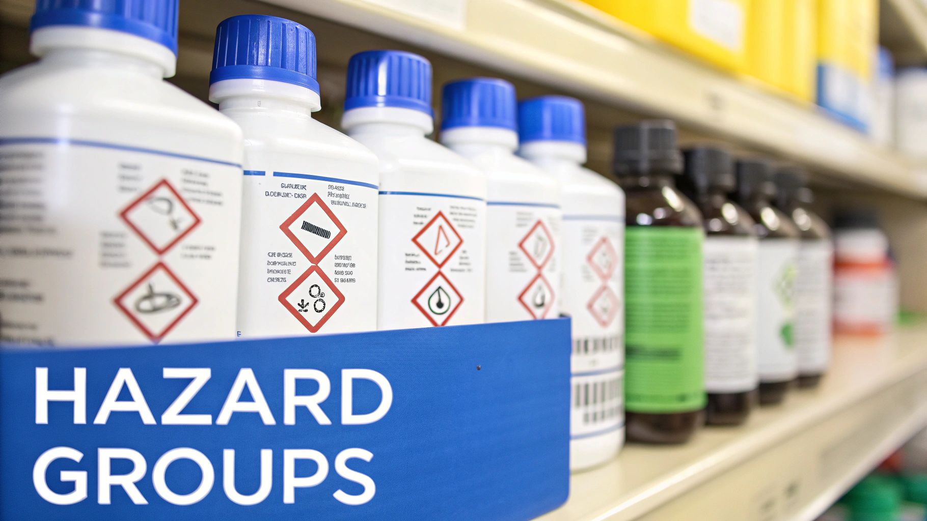 Bottles of chemicals with GHS hazard labels on a shelf, alongside a 'HAZARD GROUPS' sign.