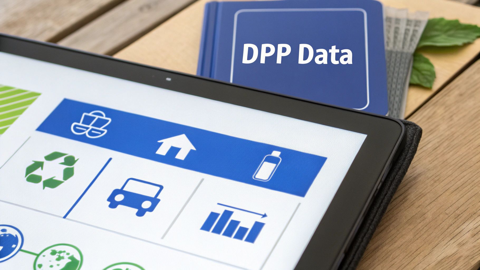 A tablet displaying sustainability and product icons next to a blue book labeled 'DPP Data' on a wooden table.