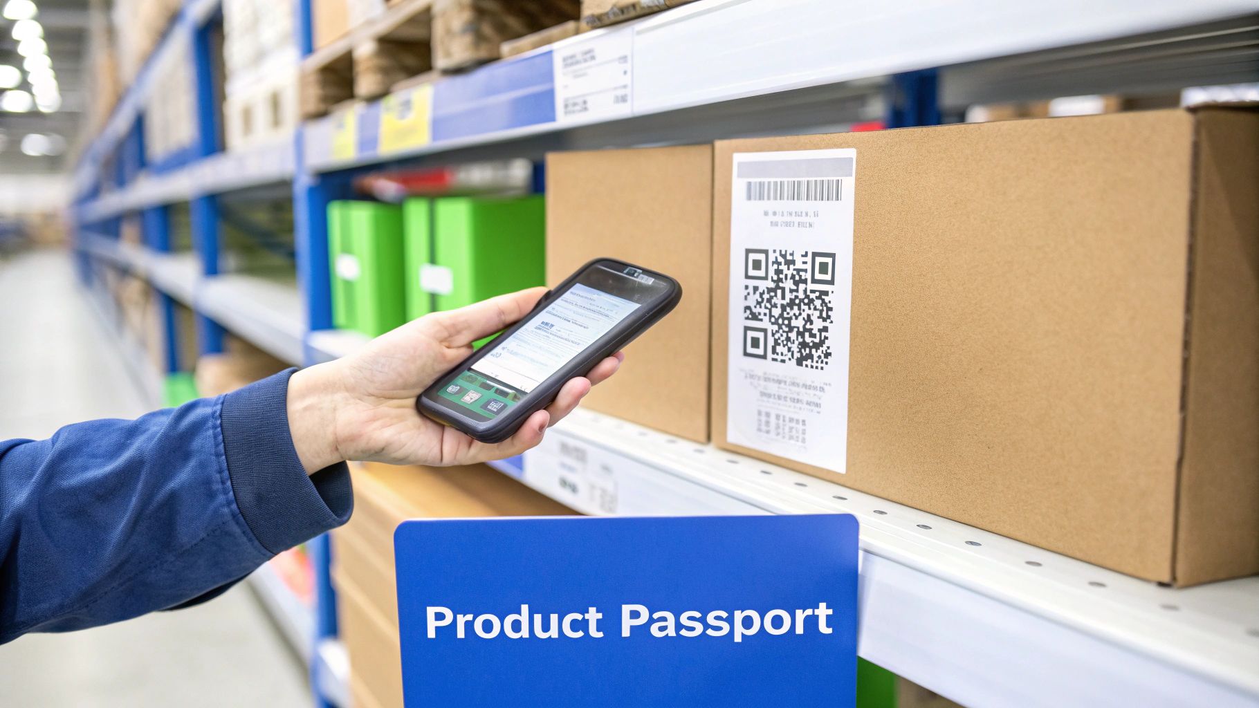 Hand scanning QR code on a product box with a mobile device for product passport information.