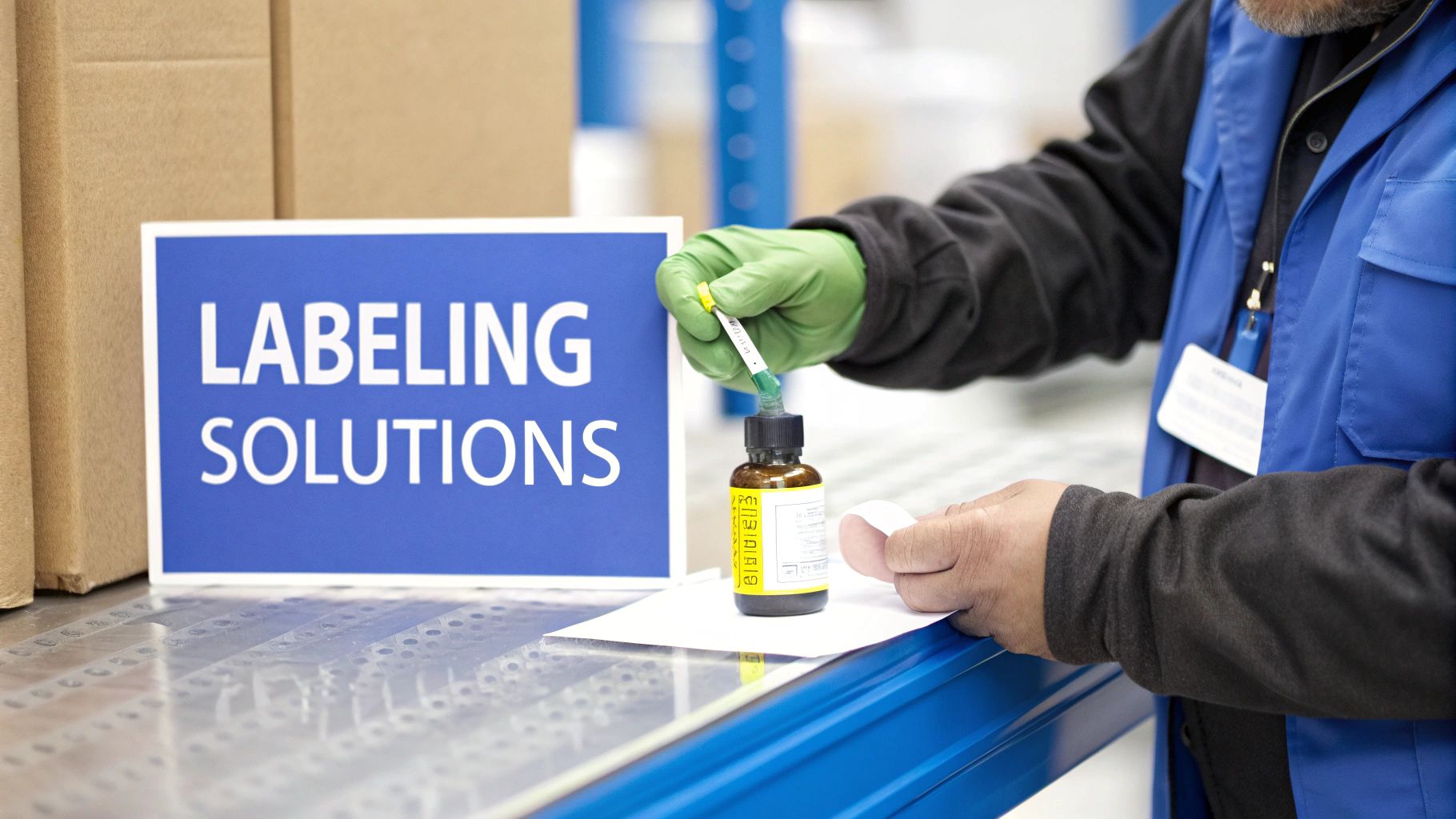 Worker in green gloves applying a label to a small bottle, next to a 'LABELING SOLUTIONS' sign.