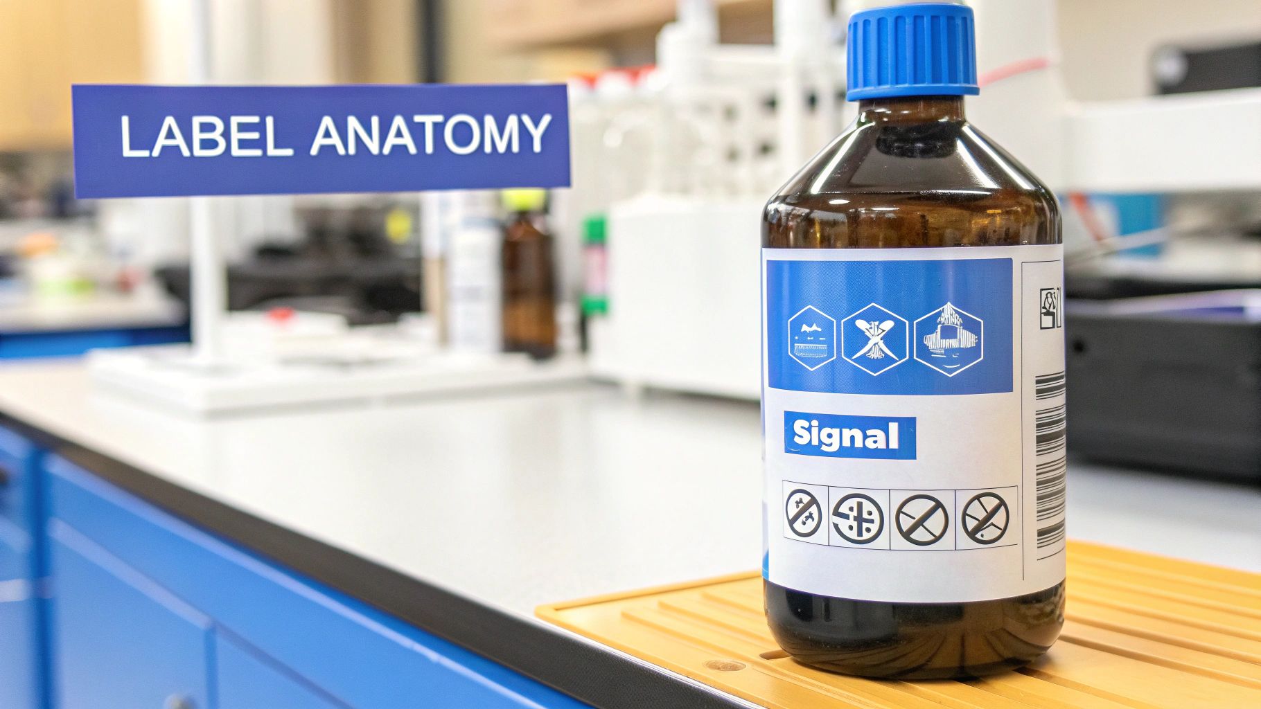 Brown chemical bottle with a GHS hazard label and pictograms on a lab bench with a 'LABEL ANATOMY' sign.