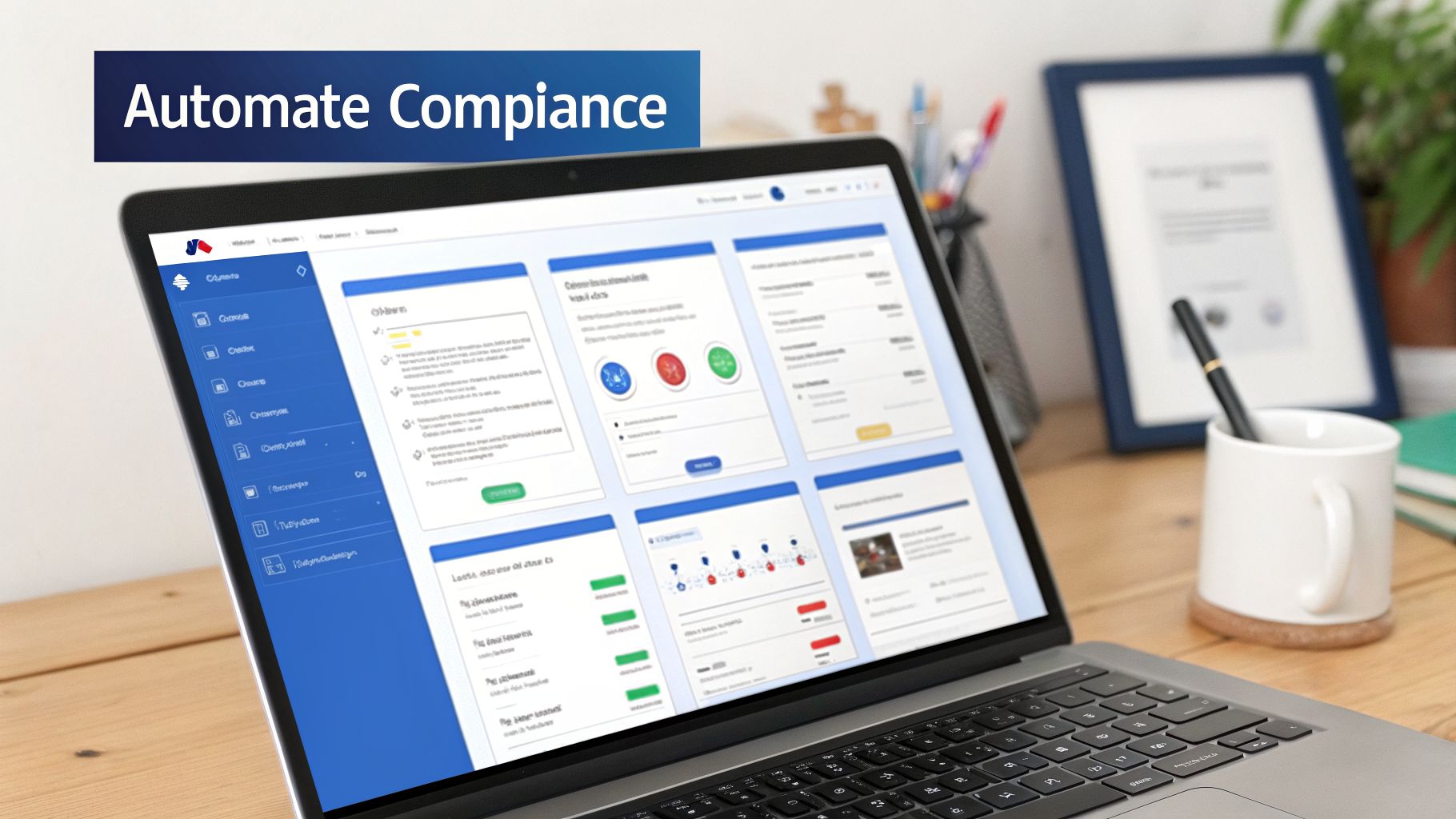 A laptop on a desk displaying a software dashboard for compliance automation, with the text 'Automate Compliance'.