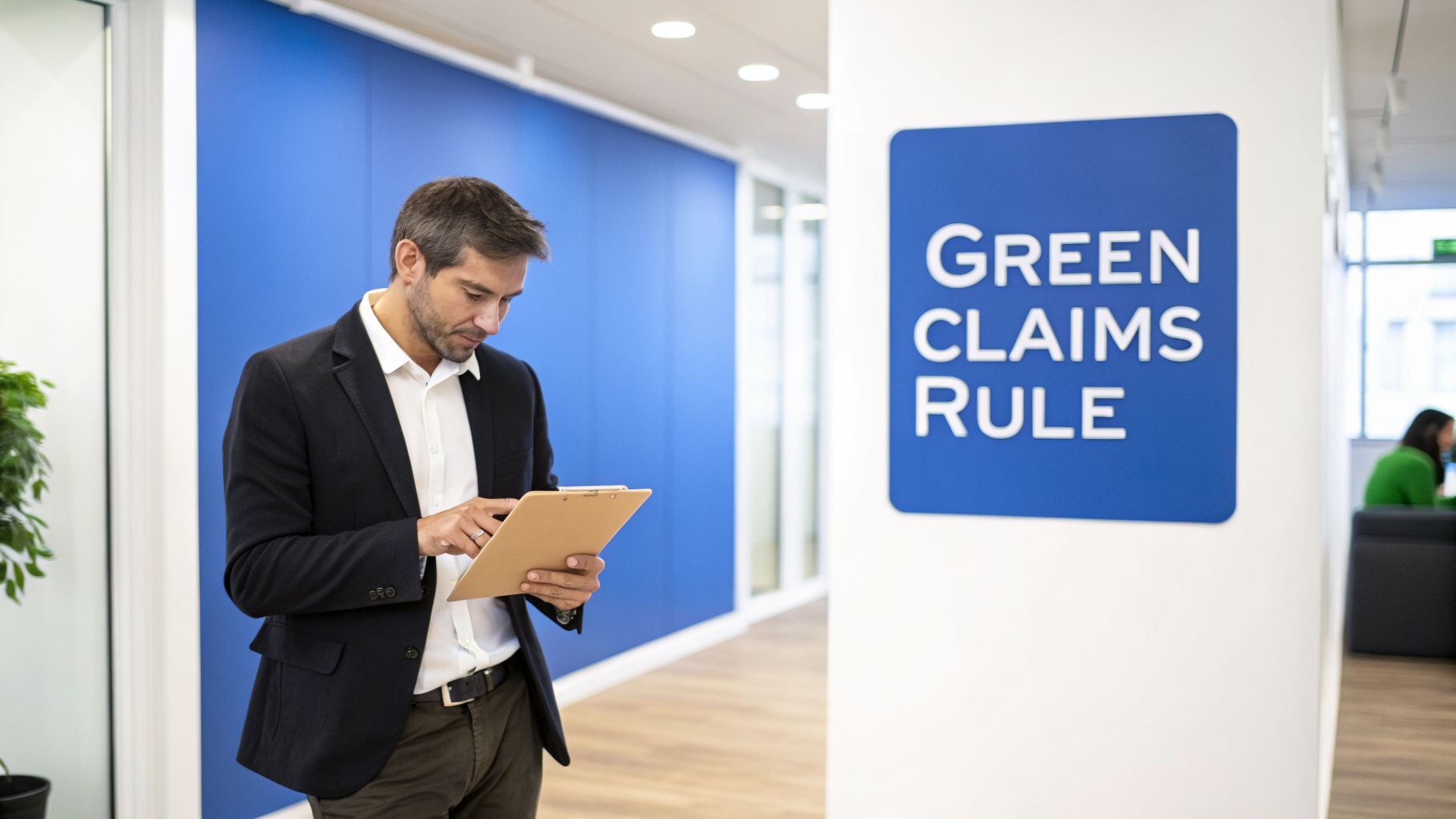A professional man examining a tablet in a modern office with a