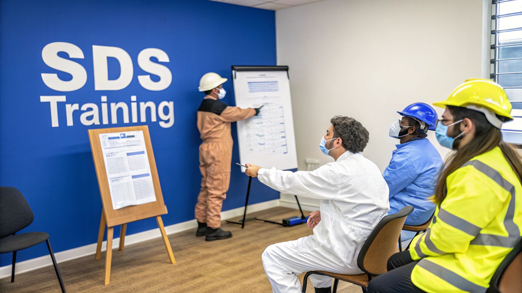 Workers in hard hats and masks engaged in an SDS safety training session in a classroom.