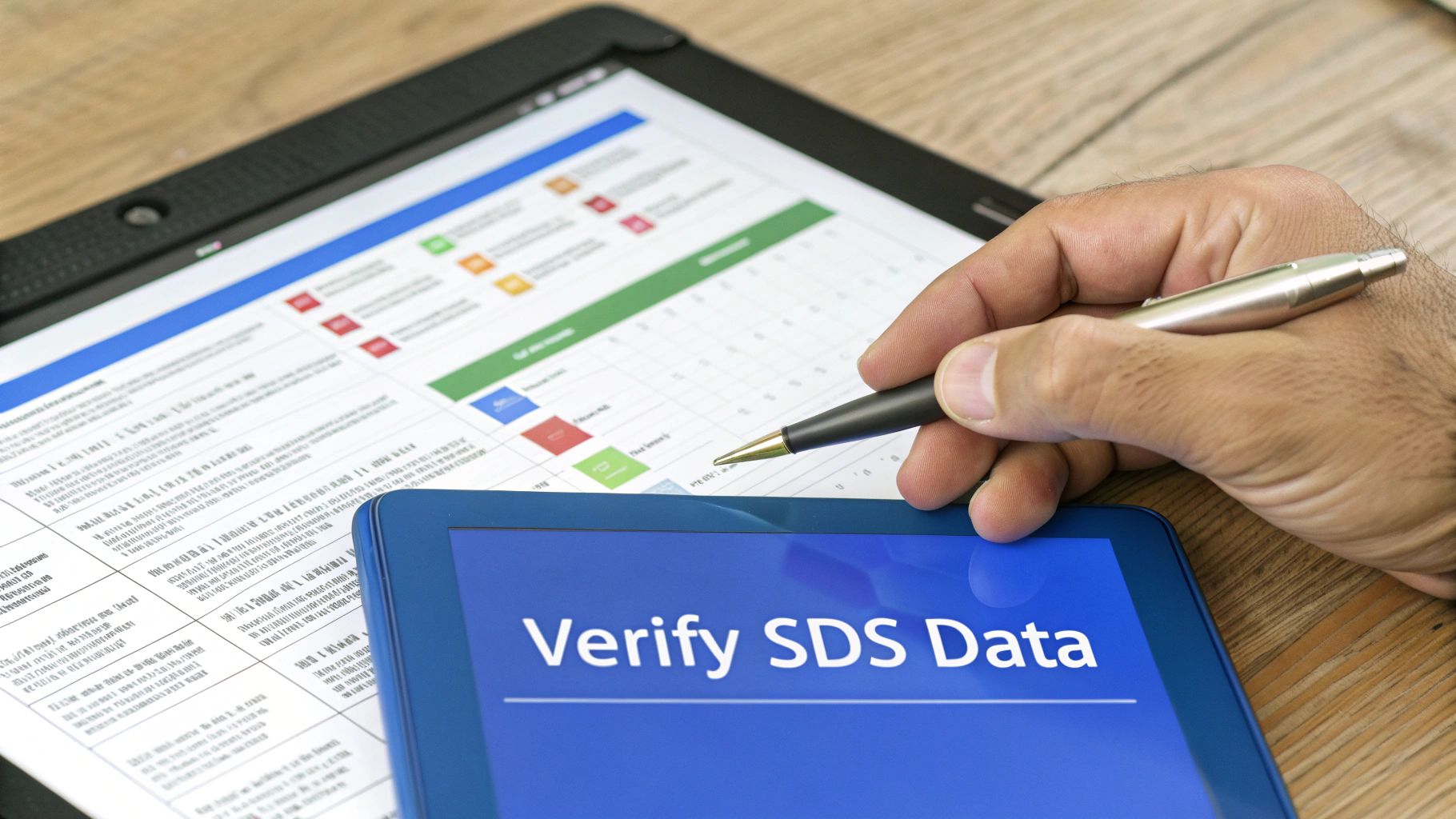 A hand points with a pen to a tablet displaying 'Verify SDS Data' amidst other documents.