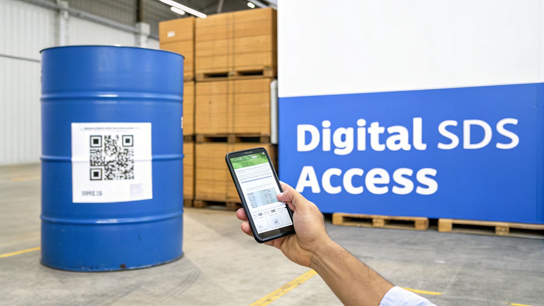 A hand scans a QR code on a blue barrel with a smartphone for digital Safety Data Sheet access.
