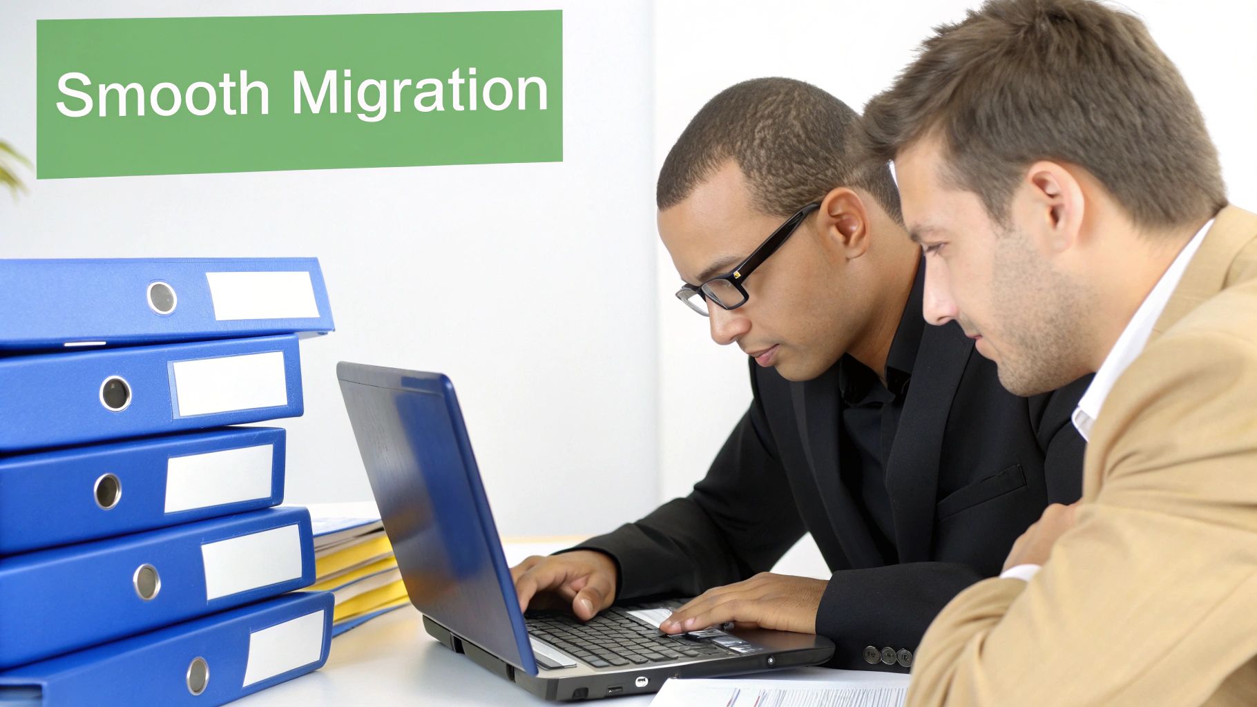 Two men in an office collaboratively working on a laptop with a