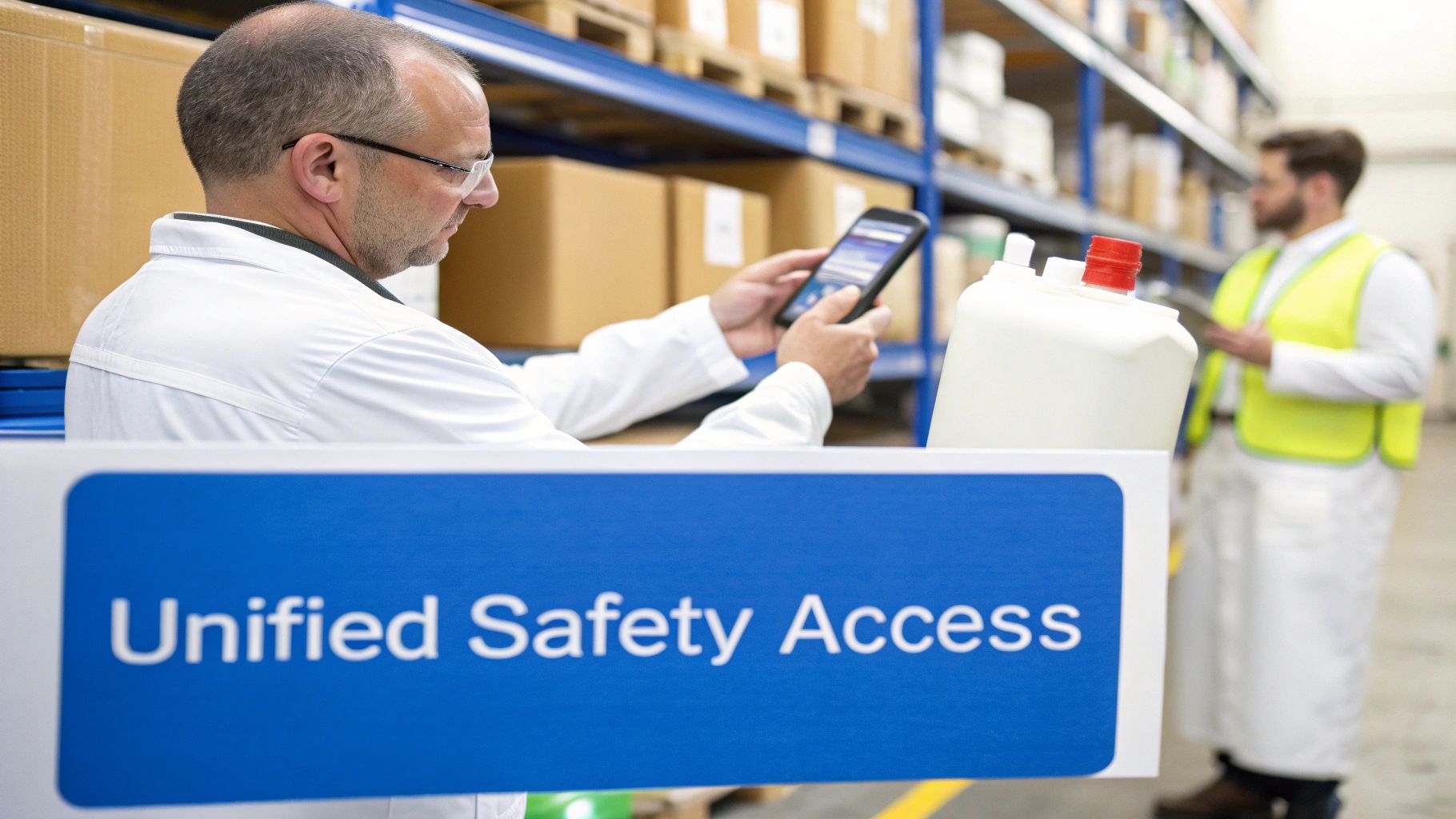 Man in a lab coat scans a chemical container with a smartphone in a warehouse, another worker in background.
